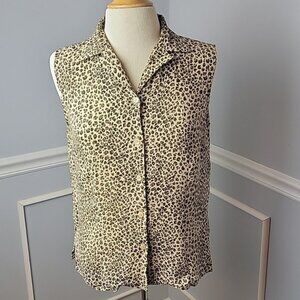 ANN TAYLOR 100% Silk Leopard Printed Collared Button Down Sleeveless Blouse Top
